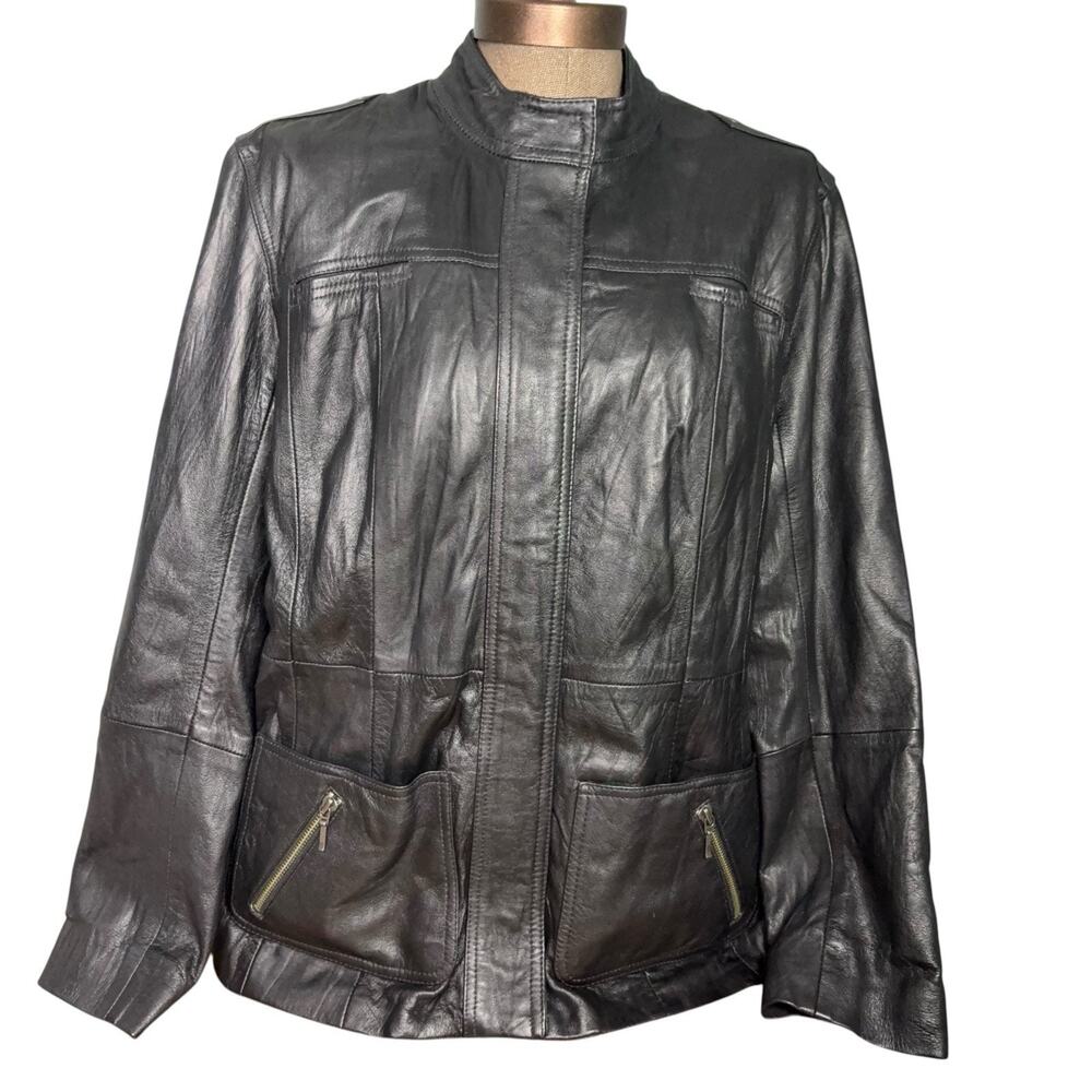 Chicos Genuine Leather Jacket Women Black Large Moto Zipper Mandarin Collar